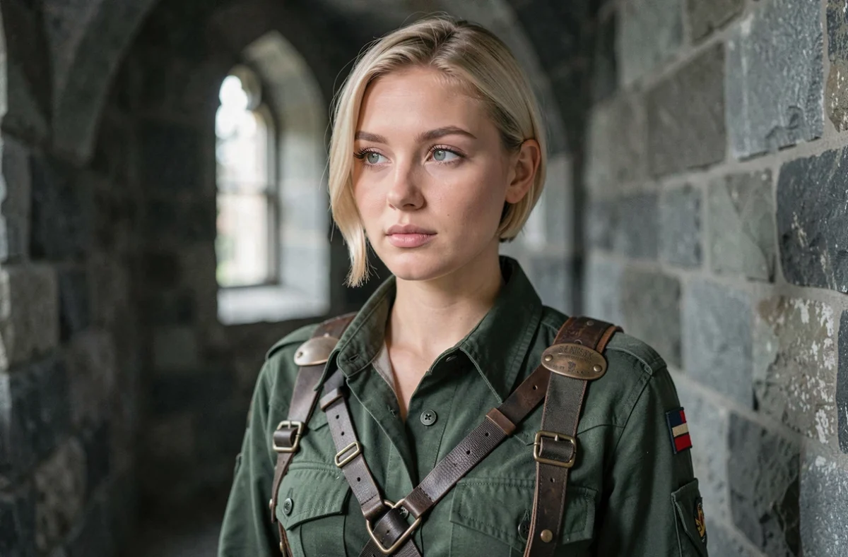 Portrait intimiste d'une jeune femme blonde en uniforme de scout dans un couloir de pierre médiéval, inspiré du personnage Christa de l'anime Attack on Titan
