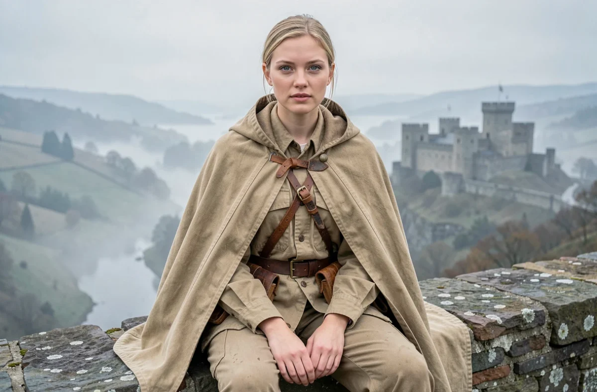 Jeune femme blonde en cape militaire beige assise sur un mur de pierre avec une vallée brumeuse et une architecture médiévale en arrière-plan, univers Attack on Titan