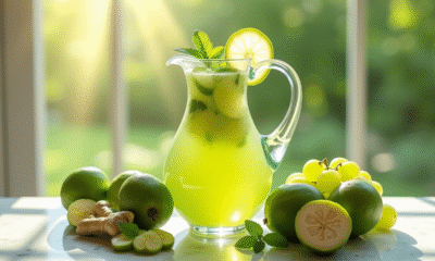 Verre de cocktail vert avec fruits et menthe sur marbre
