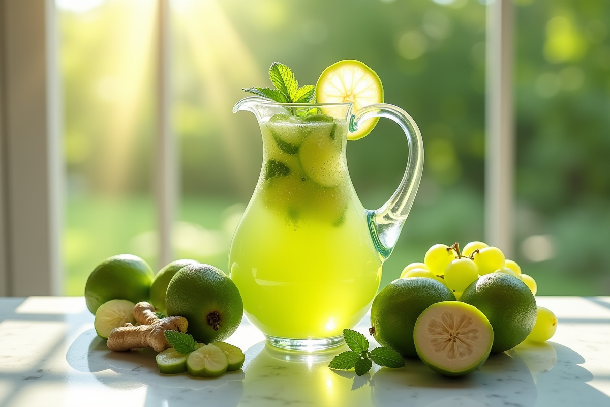 Verre de cocktail vert avec fruits et menthe sur marbre