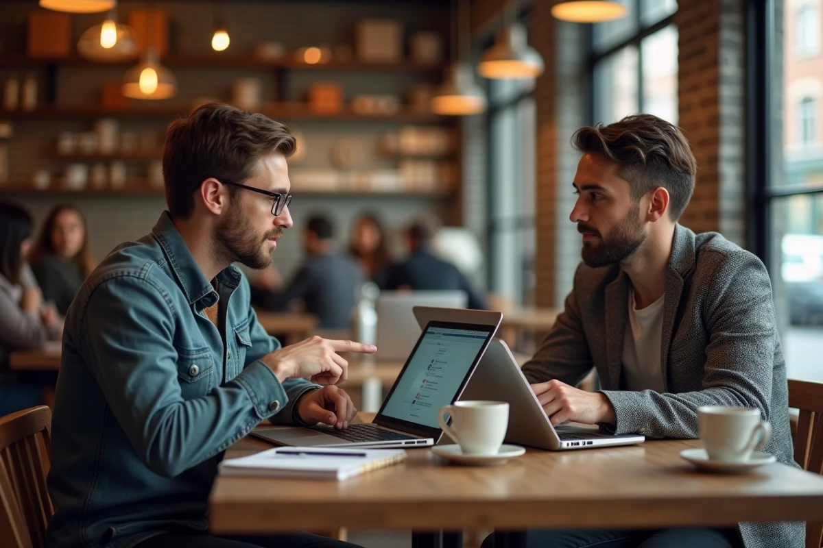 Deux collègues discutant de contenu web sur leurs ordinateurs portables dans un café au décor en brique