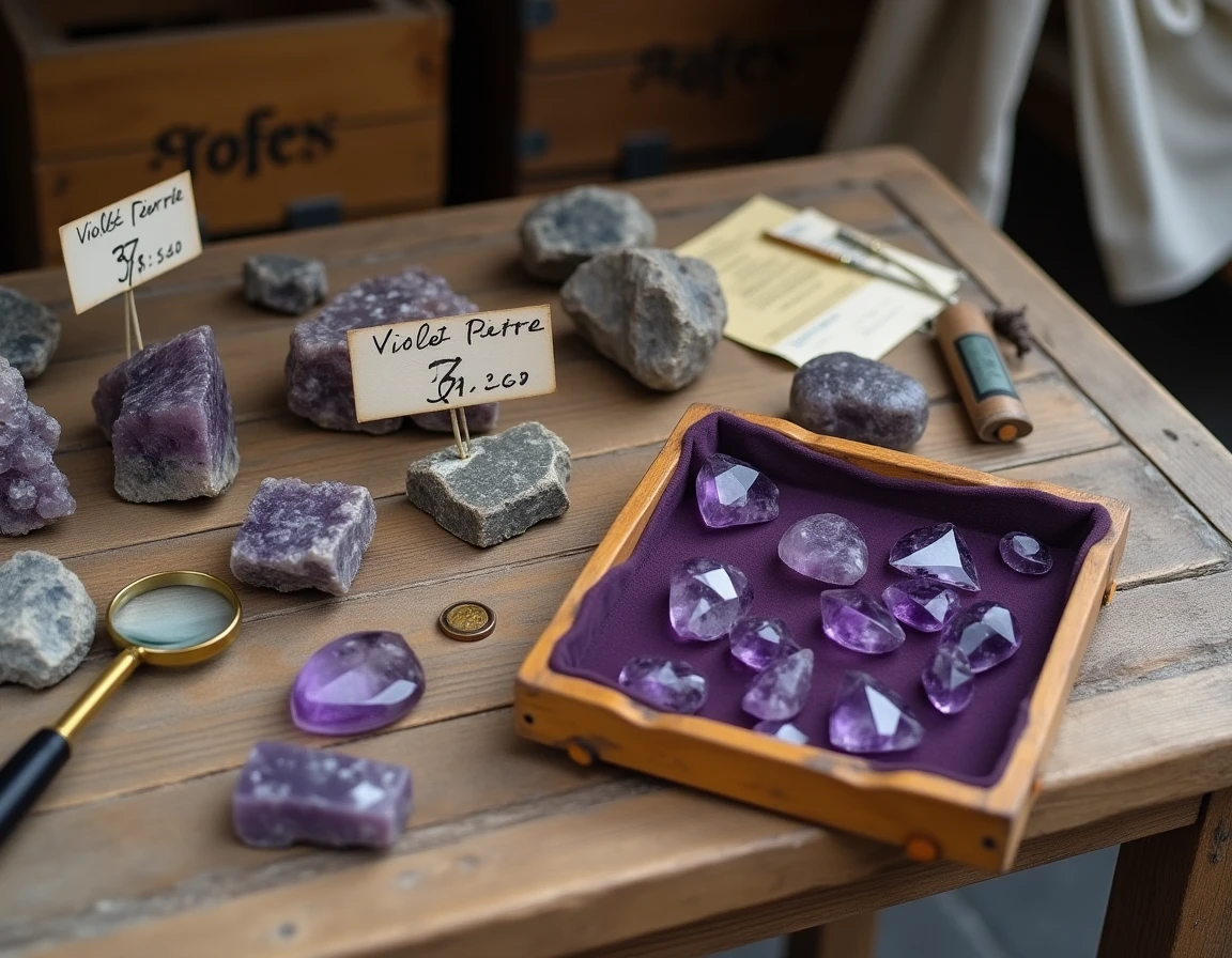 Comparaison prix et qualité entre pierre violette brute et améthyste facettée sur table en bois rustique