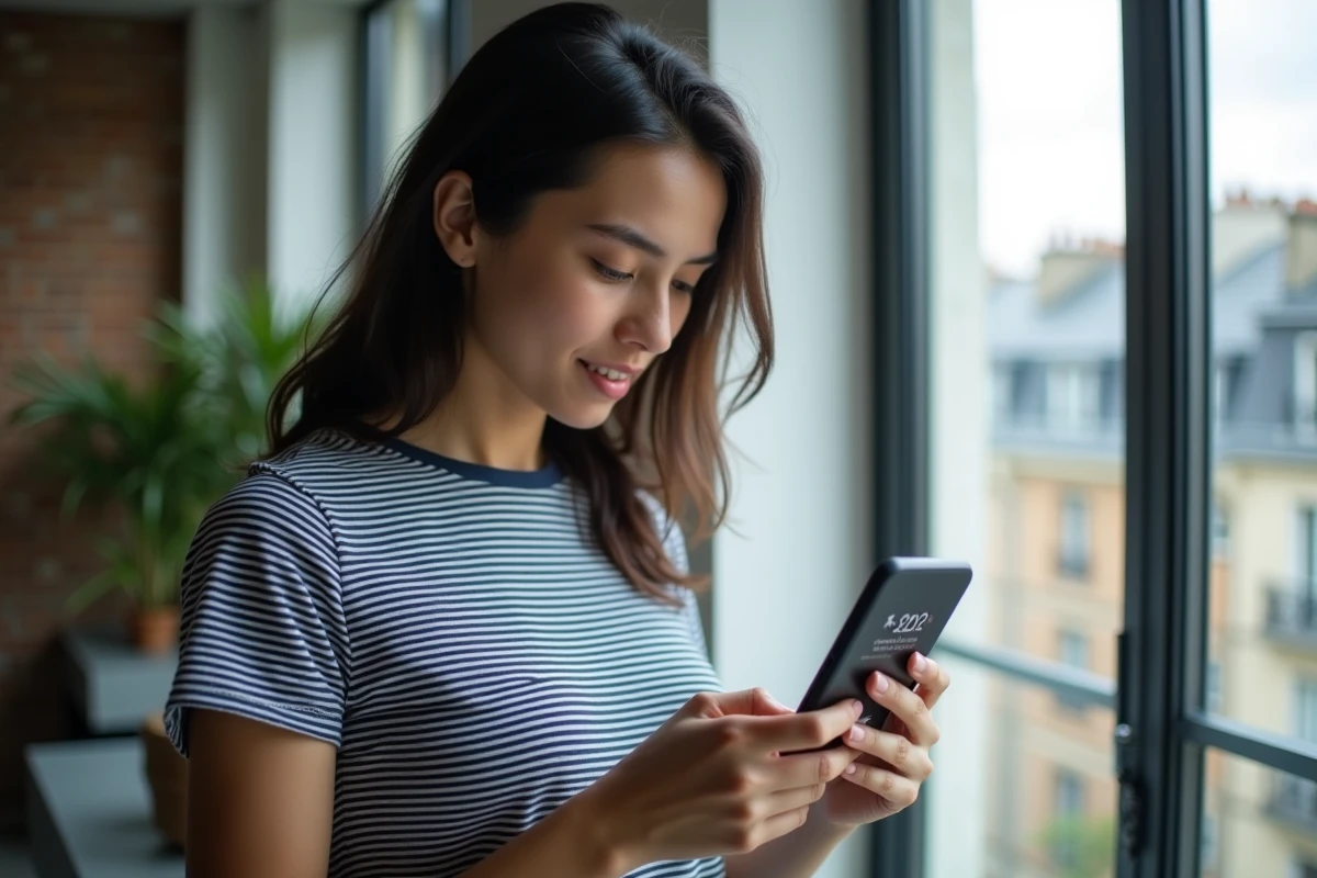 Jeune femme utilisant son smartphone pour composer le code international +212 afin d'appeler un numéro marocain