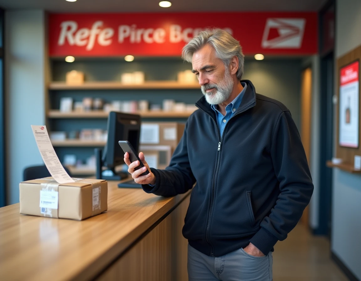 Homme vérifiant la confirmation de prise en charge de son retour colis sur smartphone dans un point relais