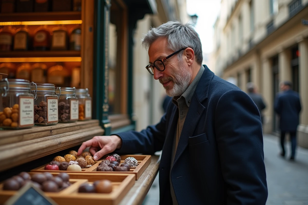 Homme découvrant une confiserie artisanale cachée dans un passage couvert parisien avec présentoir de chocolats