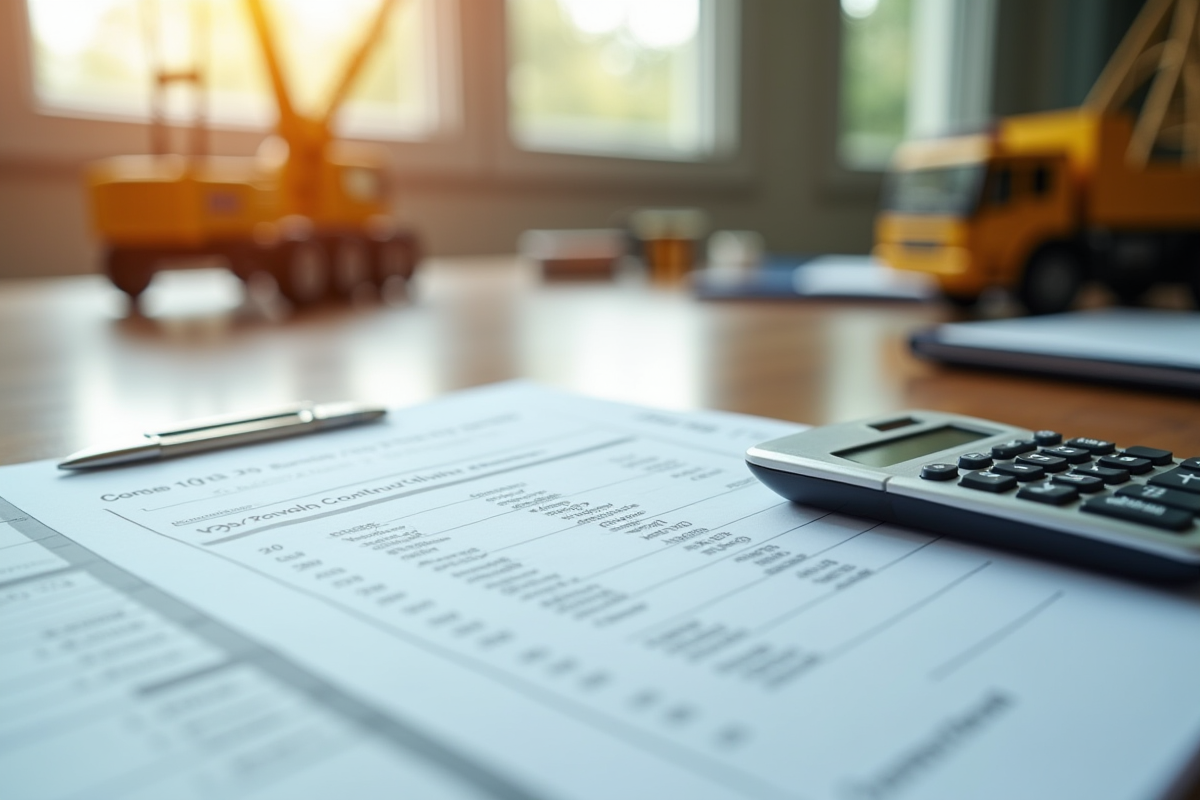 Contrat de construction avec calculatrice et modèle de grue