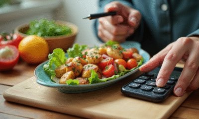 Main d'un nutritionniste utilisant une calculatrice pour convertir des calories en kJ