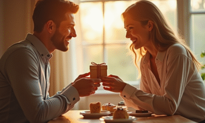 Couple heureux échangeant cadeaux en bois au petit déjeuner