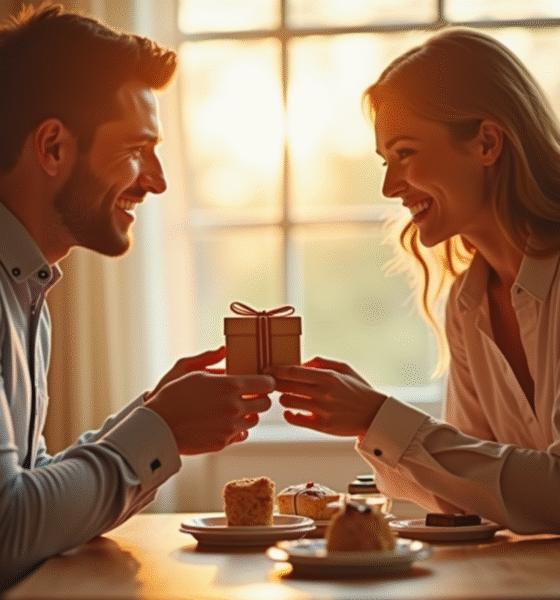 Couple heureux échangeant cadeaux en bois au petit déjeuner