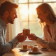 Couple heureux échangeant cadeaux en bois au petit déjeuner