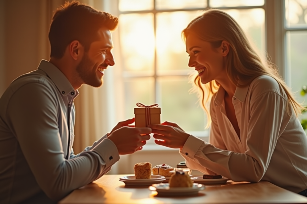 Couple heureux échangeant cadeaux en bois au petit déjeuner
