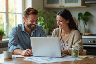 Jeune couple souriant analysant finances à la maison