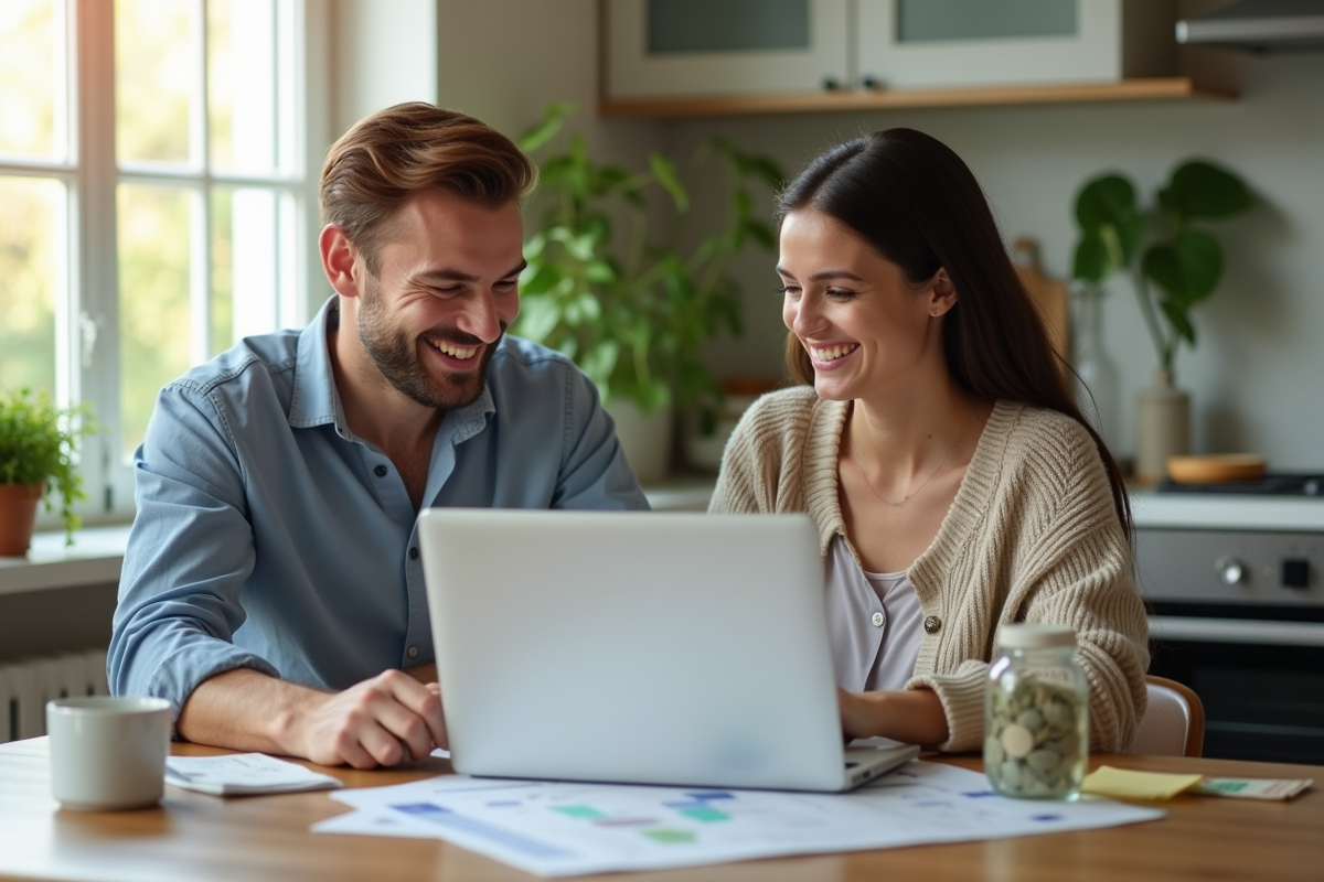Jeune couple souriant analysant finances à la maison