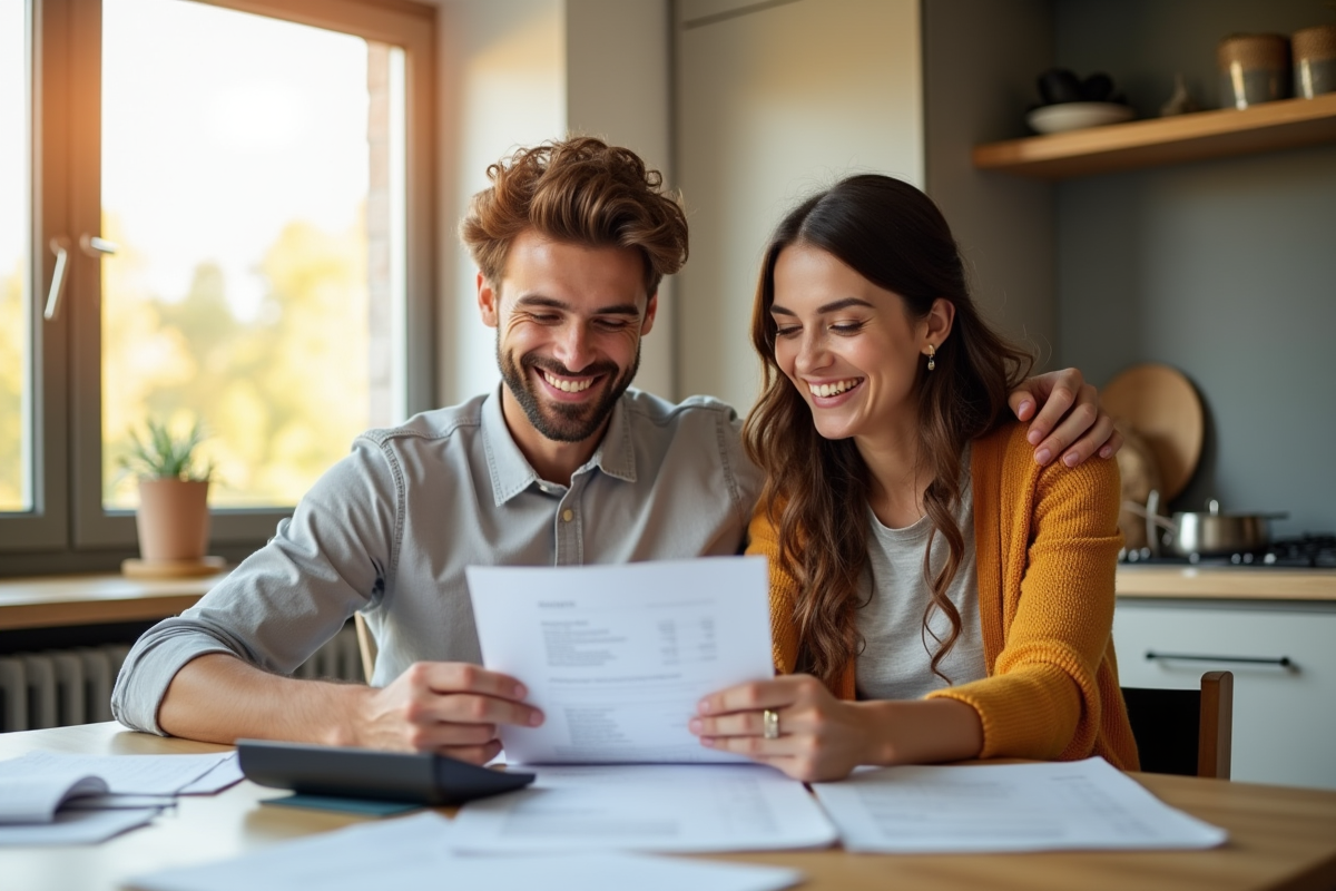 Jeune couple souriant à la maison pour la planification fiscale