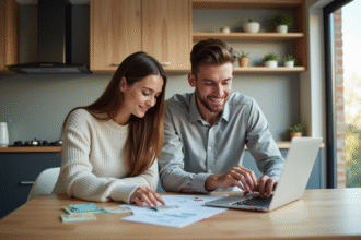 Jeune couple français analysant des documents financiers à la maison
