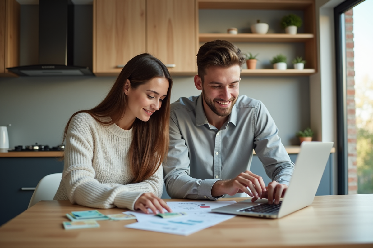 Jeune couple français analysant des documents financiers à la maison