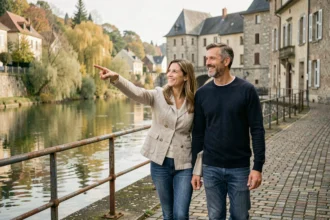 Couple se promenant au bord de la Sarre dans une ville de Moselle, comparatif Sarralbe et Sarreguemines