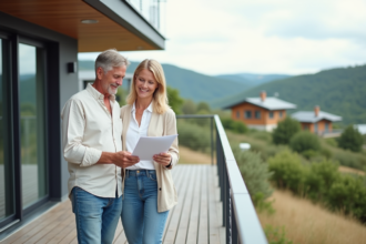 Couple souriant sur la terrasse d'une maison moderne avec vue sur la nature
