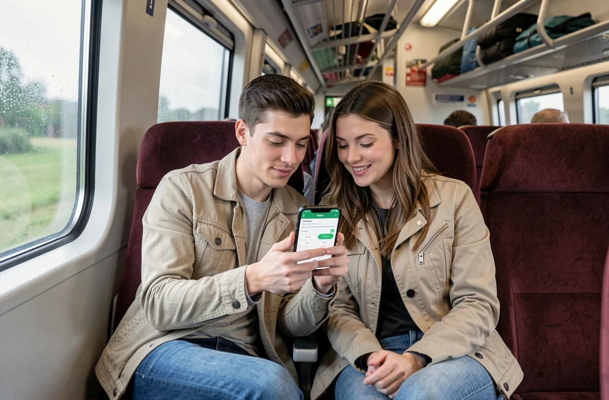 Couple de voyageurs comparant des forfaits d'appels Belgique France sur smartphone dans un train international
