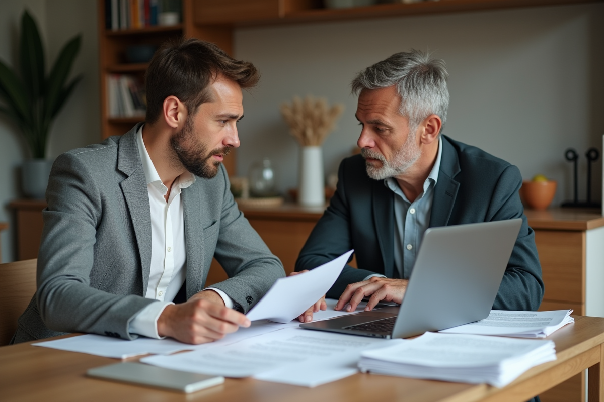 Couple français en intérieur examine des documents