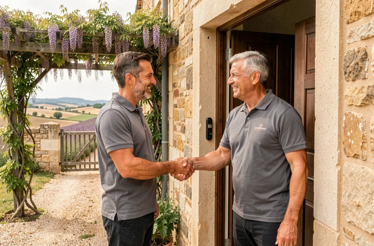 Technicien de Courtservices serrant la main d'un client satisfait après une intervention de serrurerie sur une maison provençale dans le Vaucluse