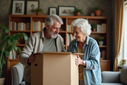 Femme âgée et son fils emballant des souvenirs de famille