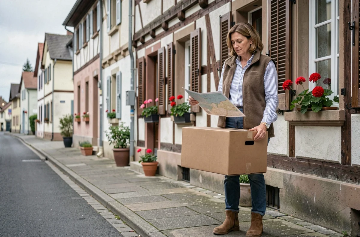Femme avec cartons de déménagement devant une maison alsacienne-lorraine, choisir entre Sarralbe et Sarreguemines