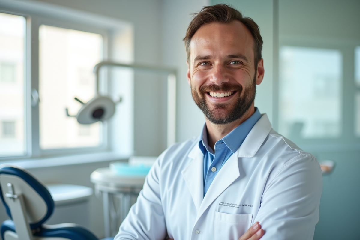 Dentiste souriante debout dans un cabinet dentaire lumineux