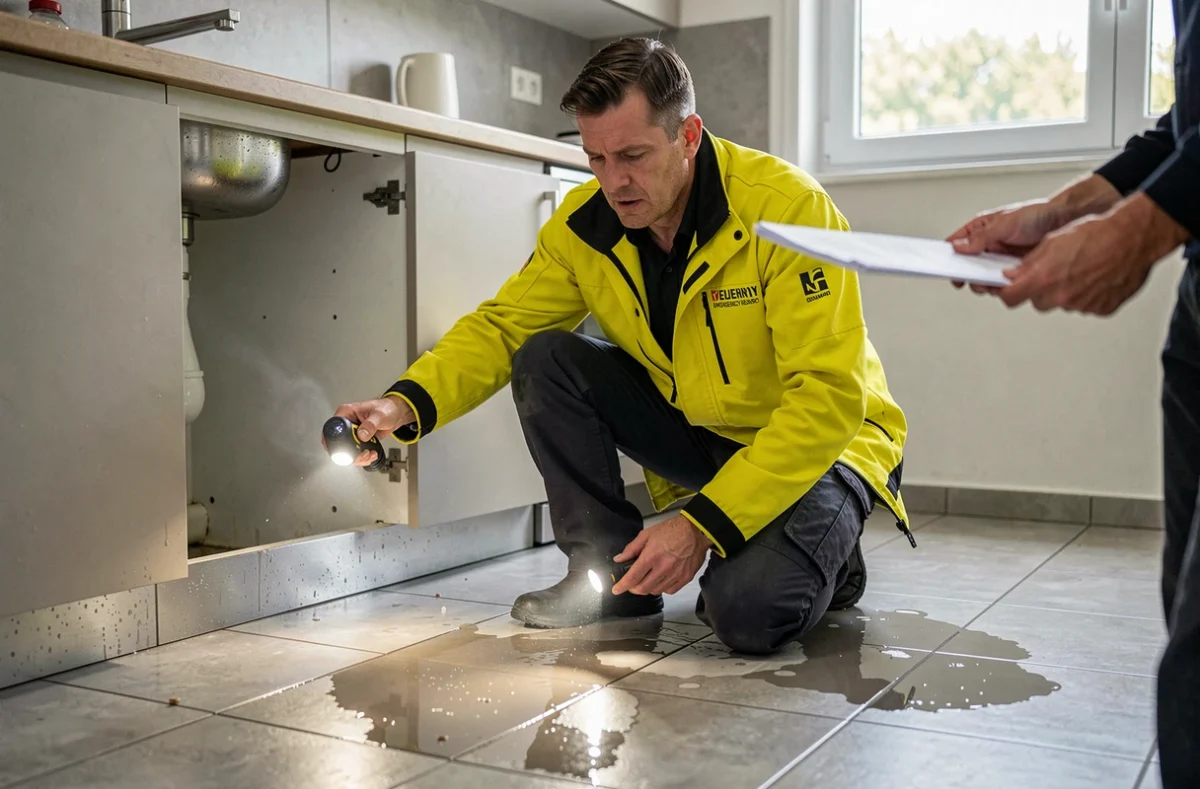 Technicien Depanneo évaluant les dégâts d'une inondation dans une cuisine d'appartement dans le réseau Rhône