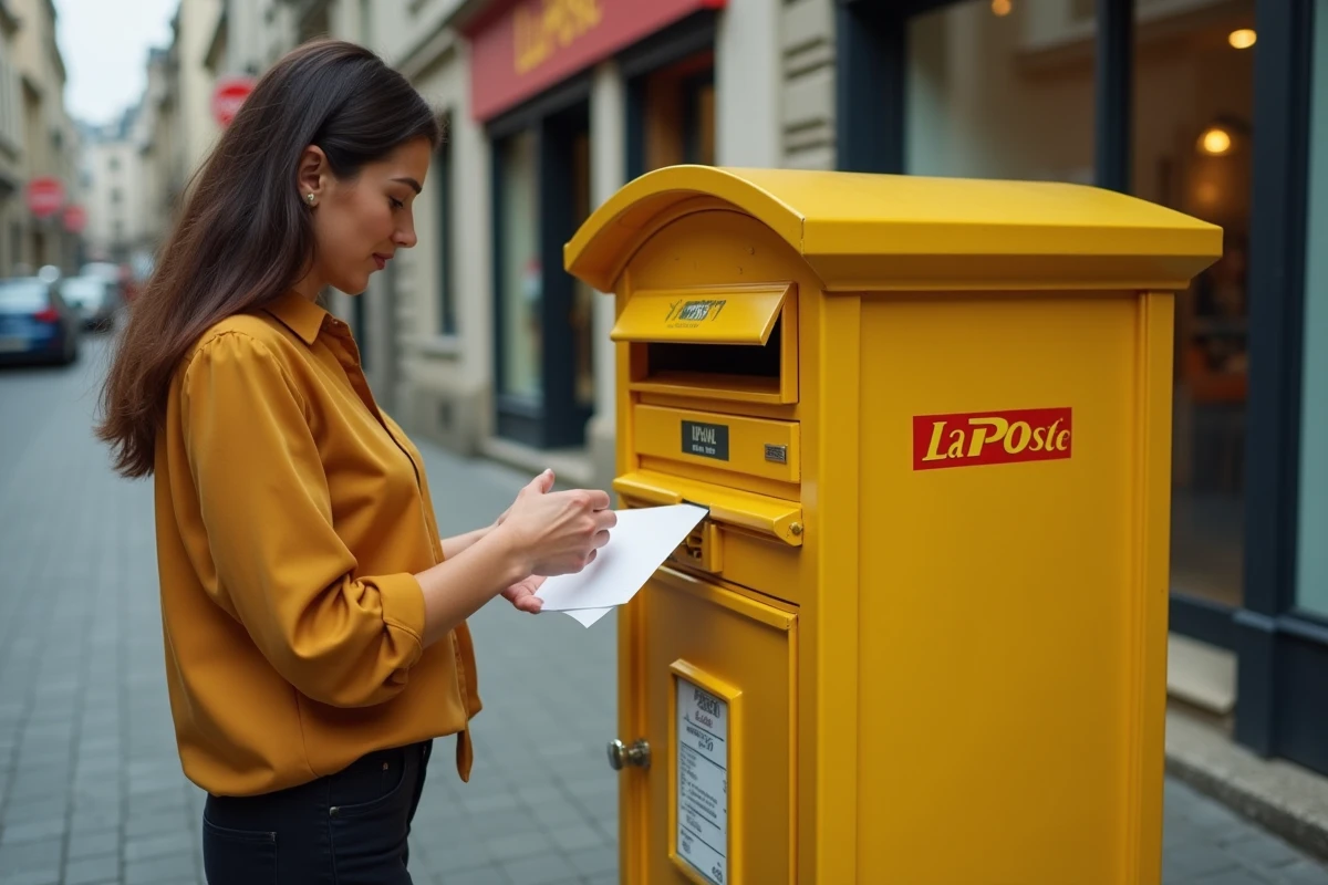 Femme déposant une lettre suivie dans une boîte aux lettres jaune La Poste sur un trottoir en ville