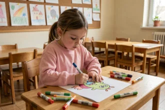 Petite fille en maternelle dessinant un monstre rigolo avec des feutres colorés sur une feuille blanche