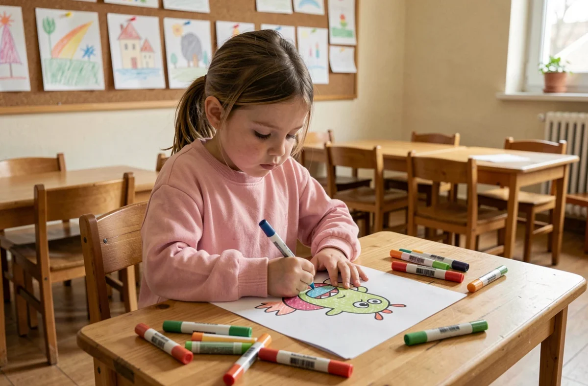 Petite fille en maternelle dessinant un monstre rigolo avec des feutres colorés sur une feuille blanche