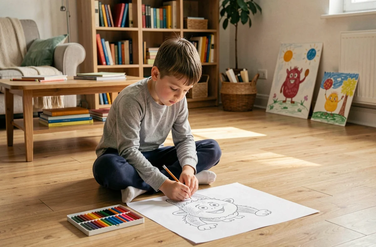 Garçon de primaire dessinant un monstre au crayon sur le sol de son salon avec des crayons de couleur