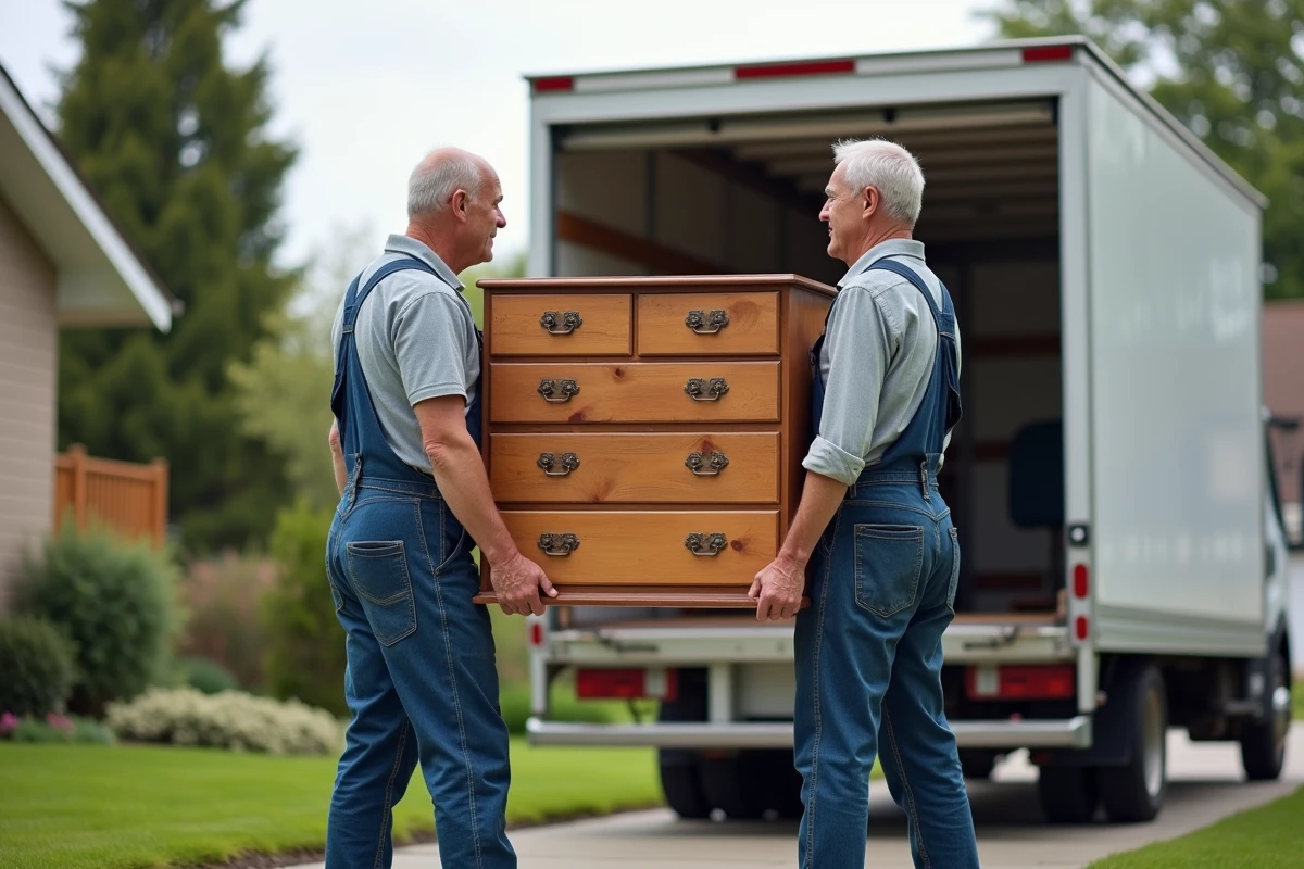 Deux hommes en tenue de travail déplaçant une vieille commode