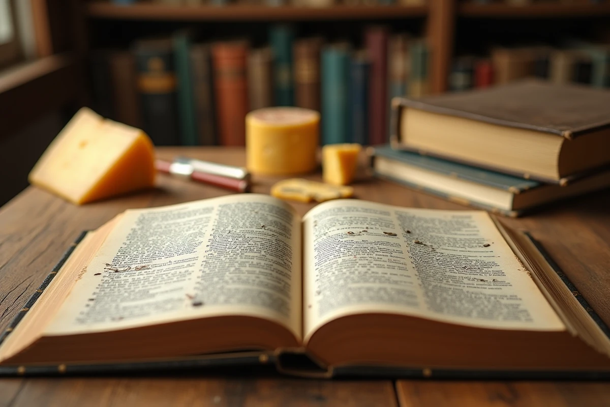 Dictionnaire bilingue espagnol-français ouvert sur la traduction du mot fromager avec des notes manuscrites et des échantillons de fromages