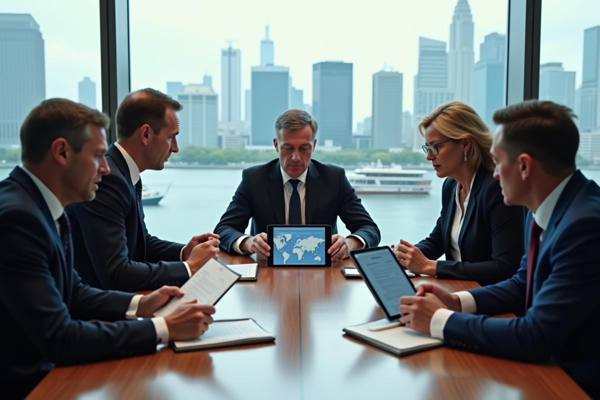 Cinq diplomates en réunion dans une salle moderne