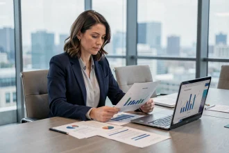 Dirigeante analysant des graphiques de performance d'un projet IA en salle de réunion d'entreprise