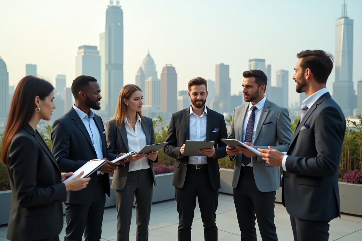 Groupe de professionnels discutant ESG sur un toit urbain
