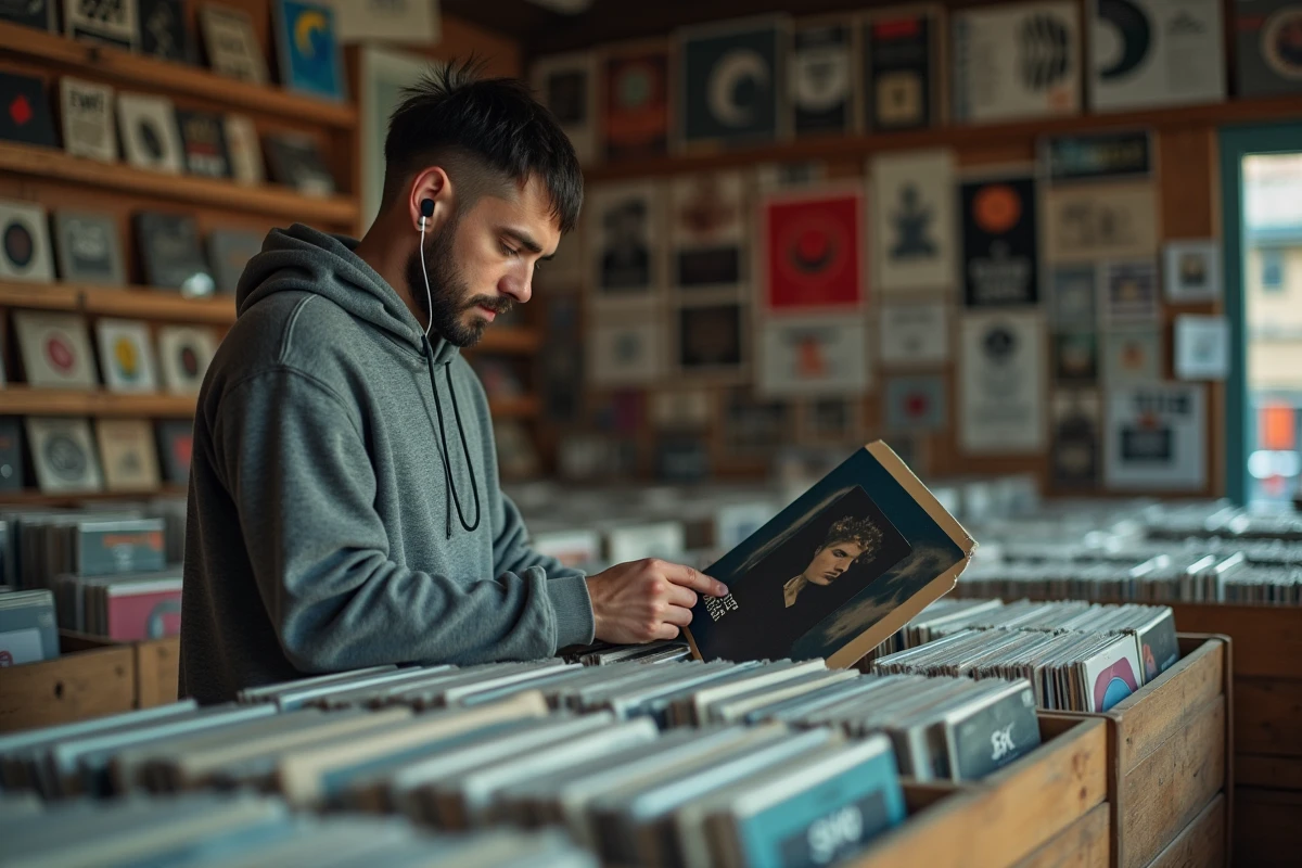 Homme inspectant des vinyles techno dans un bac de disquaire indépendant avec des étagères de musique en arrière-plan