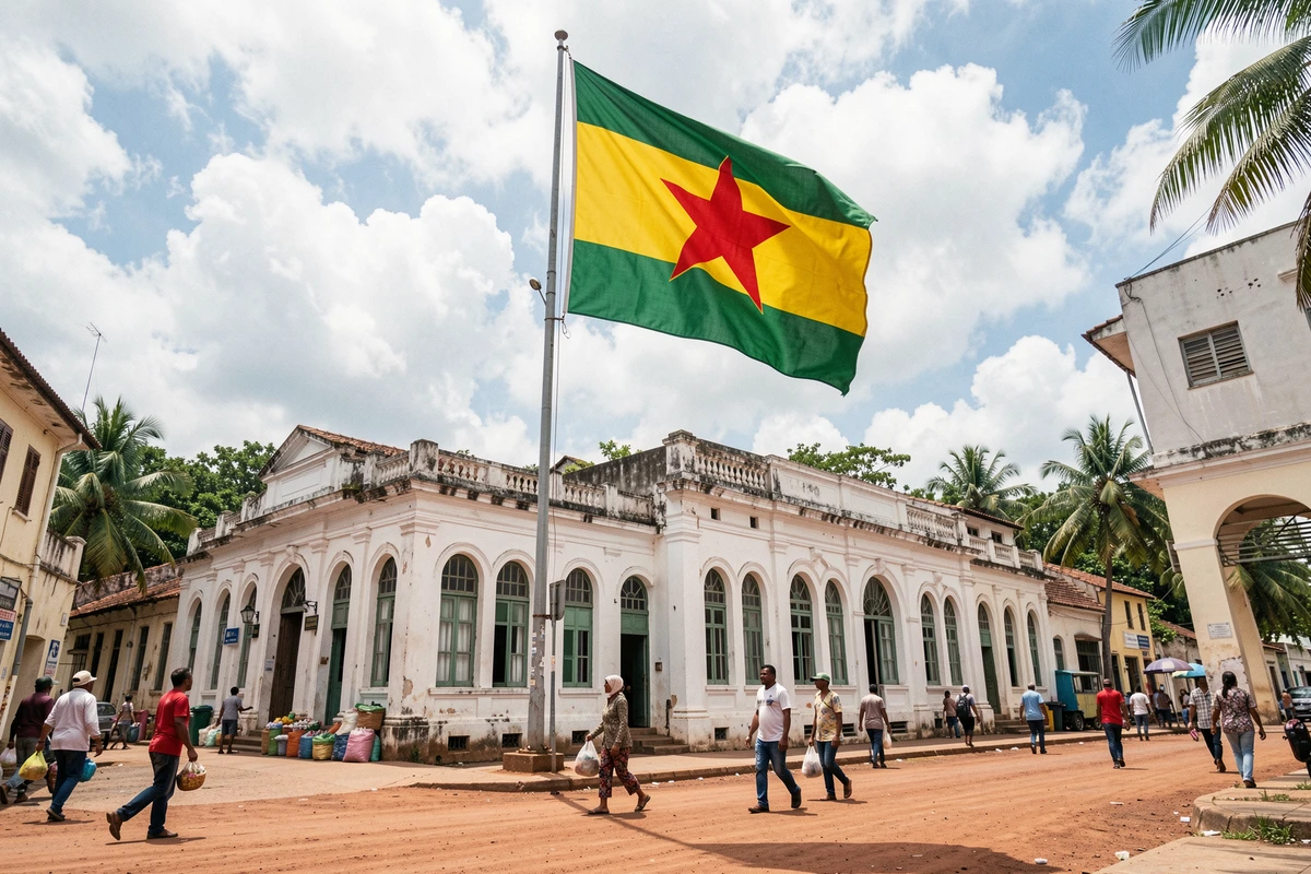 Drapeau jaune vert à étoile rouge flottant devant un bâtiment colonial dans une ville côtière tropicale