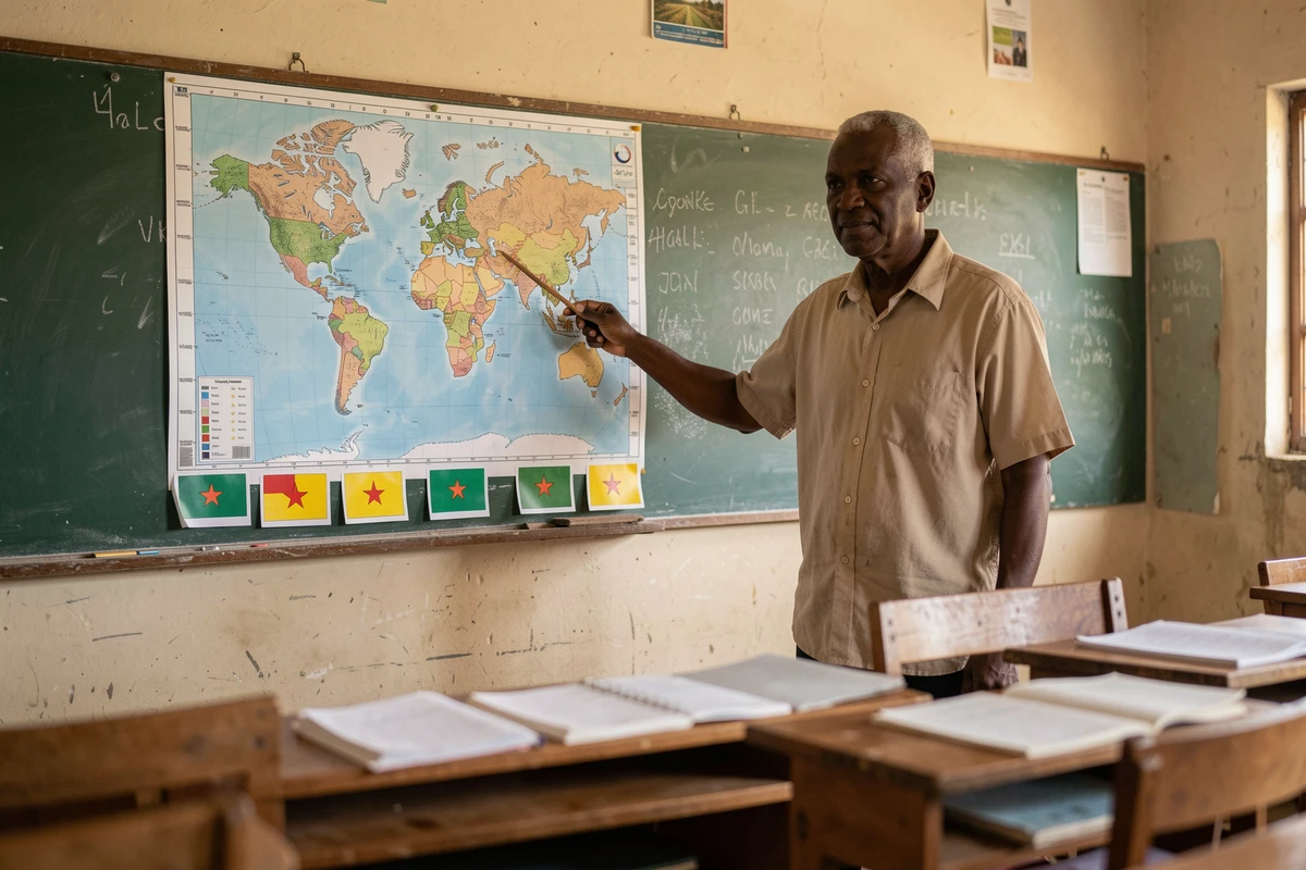 Enseignant montrant une carte du monde avec des drapeaux dont le drapeau jaune vert étoile rouge dans une salle de classe africaine