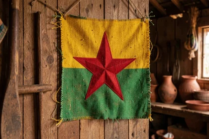 Détail d'un drapeau jaune vert étoile rouge brodé sur tissu accroché dans un atelier artisanal africain