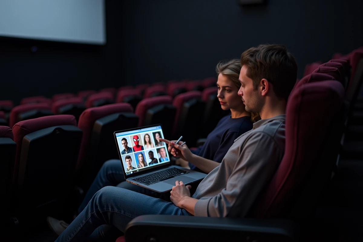 Deux adultes dans une salle de cinéma privée qui révisent ensemble le casting complet des films Spider-Man sur un ordinateur portable