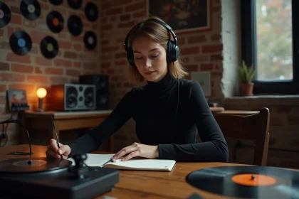 Jeune femme avec un casque audio écoutant de la musique techno et prenant des notes devant une platine vinyle