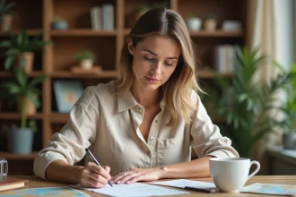 Femme écrivant une carte postale de vacances à son bureau avec un stylo, entourée de cartes et d'un dictionnaire