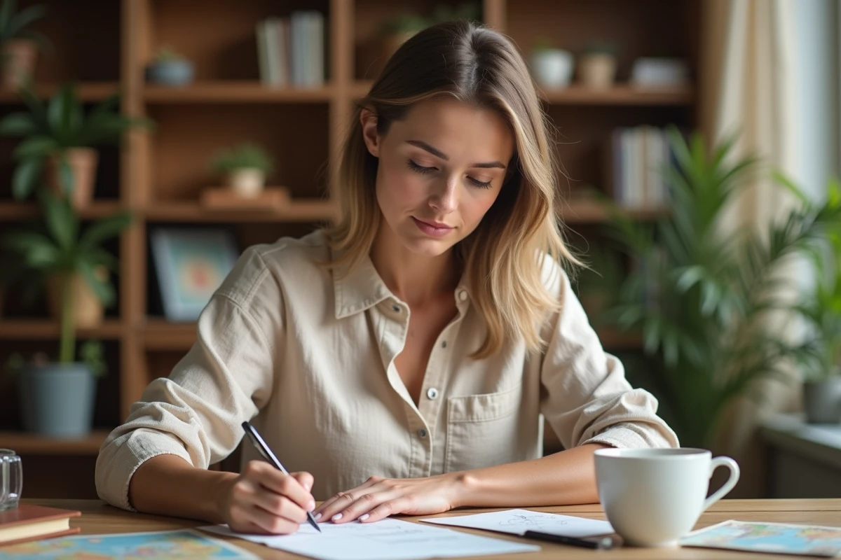 Femme écrivant une carte postale de vacances à son bureau avec un stylo, entourée de cartes et d'un dictionnaire