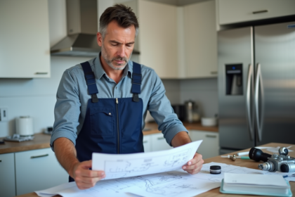 Électricien homme en overalls examinant des schémas dans une cuisine moderne