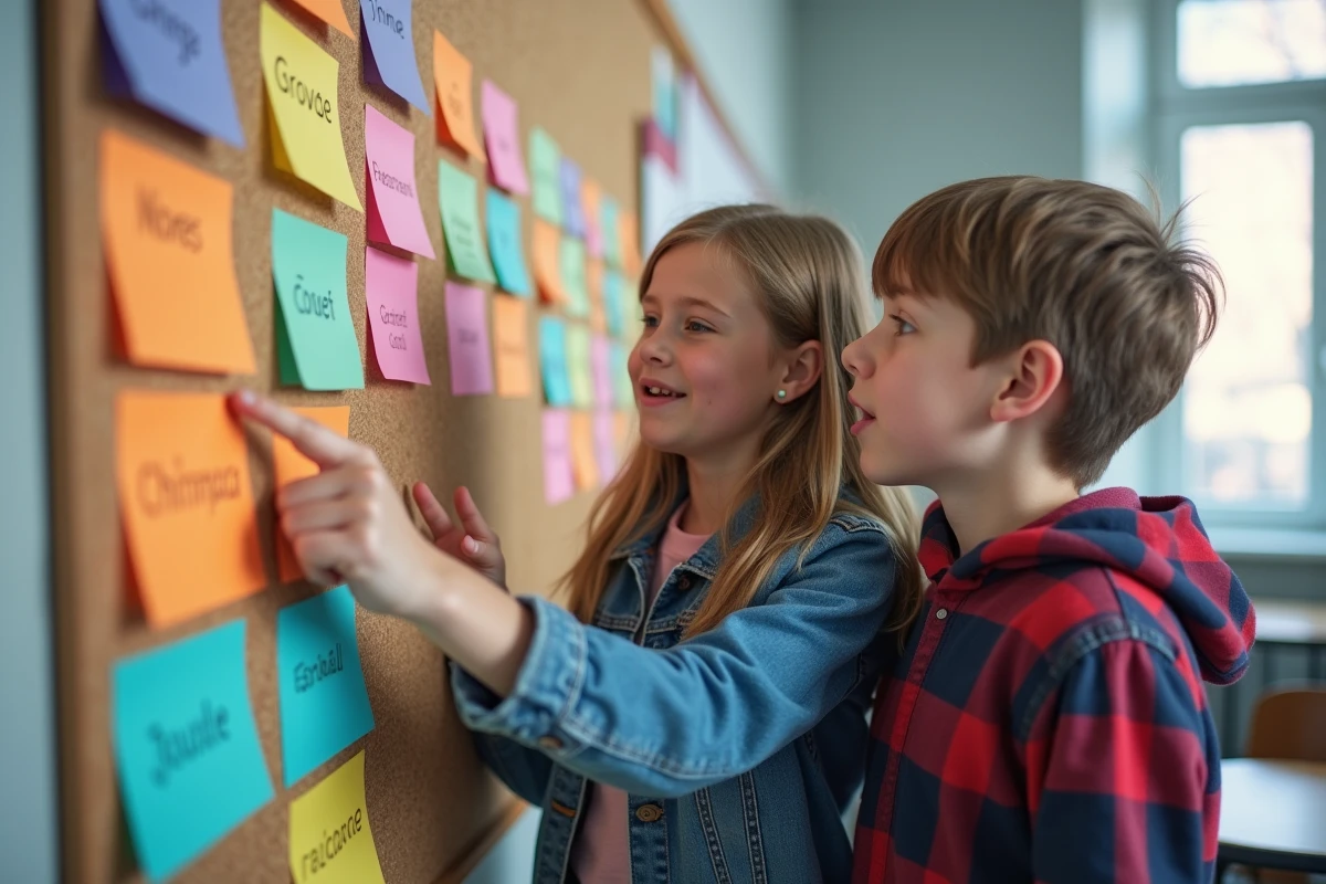 Trois collégiens découvrant leur groupe tiré au sort sur un tableau d'affichage de salle de classe avec des étiquettes colorées