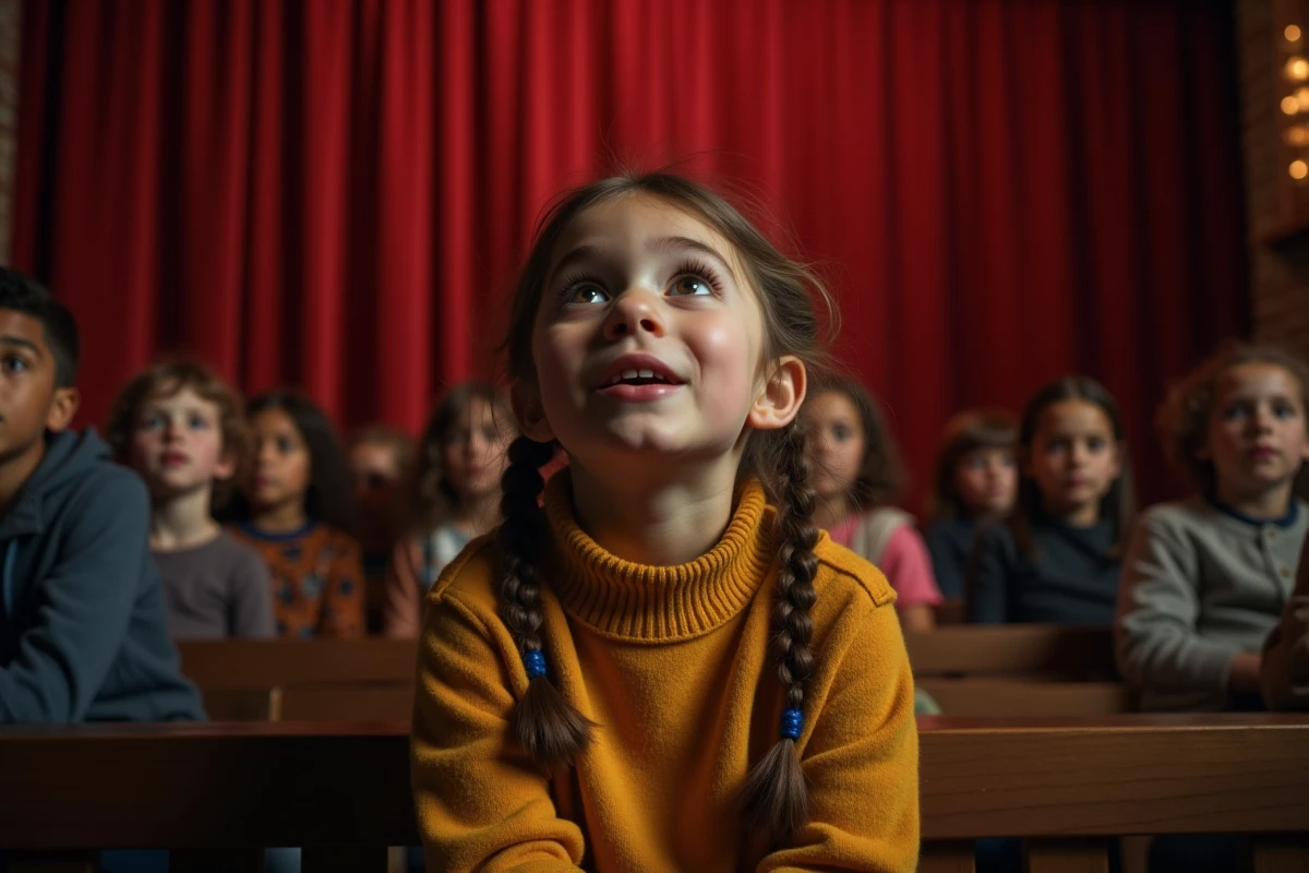 Petite fille captivée par un spectacle de marionnettes dans une salle de théâtre familiale