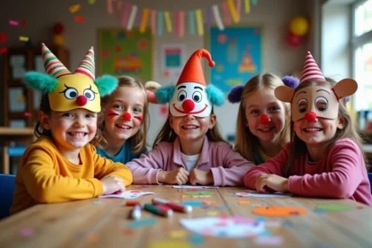 Groupe d'enfants avec masques de carnaval colorés